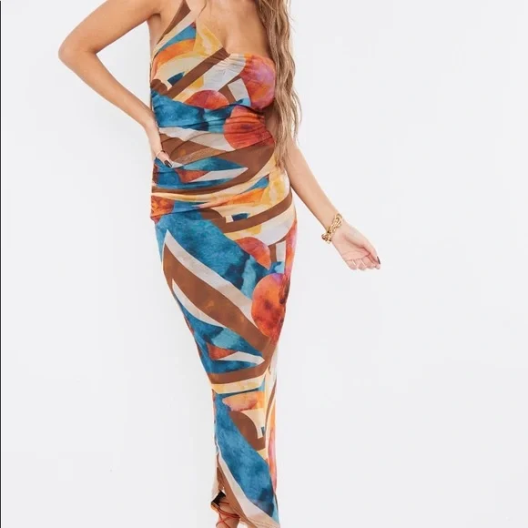 Women's Multi Abstract Mesh Asymmetric Strappy Midaxi Dress - Size 10